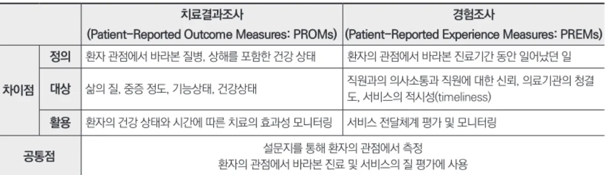 표 1. 환자의 치료결과조사(PROMs)와 경험조사(PREMs) 19)