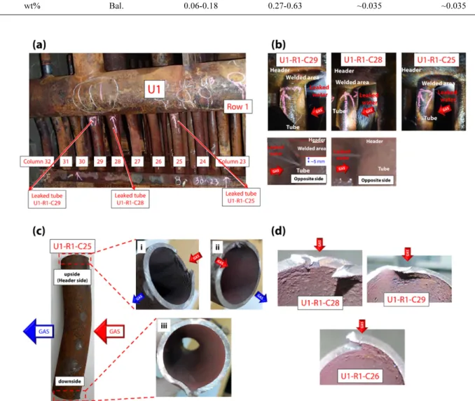 Fig. 2a는 U1-R1을  가스가  배출되는  방향을  등지고 촬영한  사진으로서,  누수는 C25, C28, C29 3개소에서 발생하였다. 내부 보일러 수의 누수가 발생하고 있는 각 각의  튜브에  대한  사진이 Fig