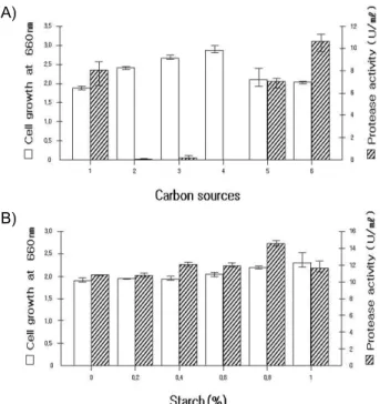 Fig. 3. Effect of culture temperature (A) and initial pH (B) on the cell growth and protease activity of strain TM-3215.
