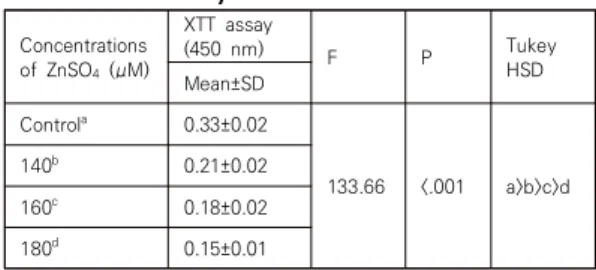 Table 1. The cytotoxicity of zinc sulfate (ZnSO4) by  XTT  assay Concentrations  of  ZnSO 4  (μM) XTT  assay   (450  nm) F P Tukey HSD Mean±SD Control a 0.33±0.02 133.66 <.001 a>b>c>d140b0.21±0.02 160 c 0.18±0.02 180 d 0.15±0.01