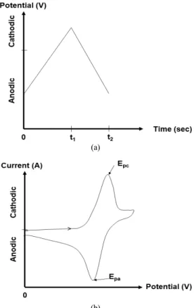 Figure 1. Schematic diagram of (a) potential change with time and (b)  potential-current curve for cyclic voltammetry.