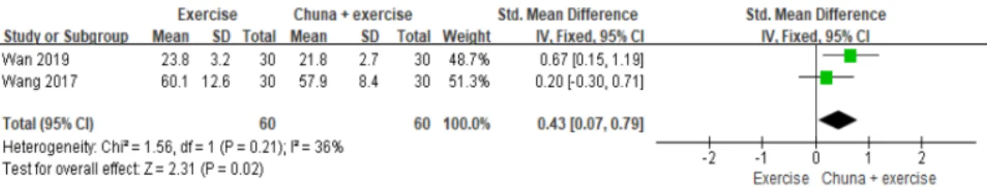 Fig. 6.  Meta-analysis  outcome  of  comparison  between  Chuna+functional  exercise  and  functional  exercise  group  in  symptom  score.