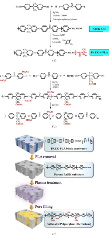Figure 1. Synthetic schemes of (a) PAEK-OH and PAEK-b-PLA; (b)  polymeric filler SPAEK (DS = 80%); and (c) preparation of pore filling  composite membrane (Reproduced with permission from Elsevier).