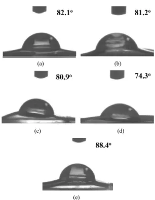 Figure 8. Contact angle of various Nafion/TiO 2  composite membranes  prepared by in-situ sol-gel process with different immersing time: (a)  1 day, (b) 3 days, (c) 4 days, (d) 7 days and (e) Nafion 115.