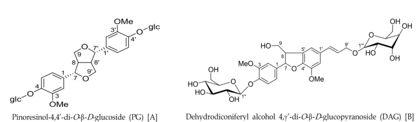 Fig. 2. Chemical structure of Compound Ⅰ [A] and Compound Ⅱ [B] isolated from E. ulmoides Oliver.