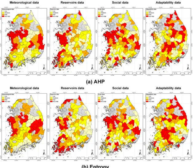 Fig. 6 Comparison of spatial drought vulnerability map between AHP and Entropy weight method
