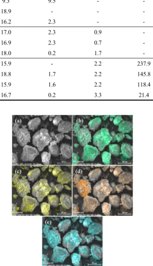 Figure  6.  SEM  images  and  elemental  distribution  on  SiO 2 /MgCl 2 /  TEAL/(n-BuCp) 2 ZrCl 2 ; (a) SEM image, (b) Si distribution, (c) Mg  distribution, (d) Al distribution and (e) Zr distribution.
