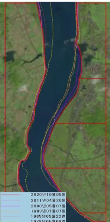 Fig. 7. Baselines for distance analysis Fig. 8. Riverline change by specific year