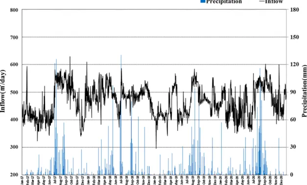 Fig. 2. Precipitation and inflow for 4 years
