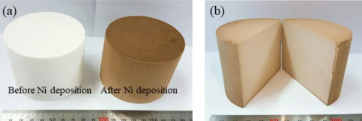 Figure 3. SEM image (a) and EDS mapping of Ni (b) of the  cross-section of NiO deposited honeycomb-structured catalyst by  air-circulated TR-CVD method.