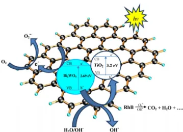 Figure 10. Degradation efficiency of different organic dyes by the  Bi 2 WO 6 -GO-TiO 2  nanocomposite under visible light irradiation