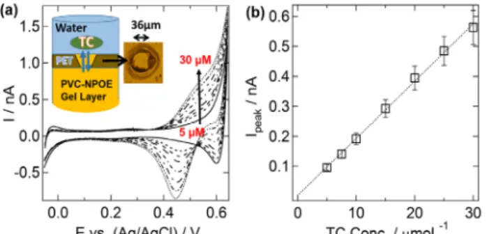 Figure 5. A series of cyclic voltammograms for various concentrations  of TC molecules in pH 4.0 buffer solution transferring across a single  microhole-water/PVC-NPOE gel interface