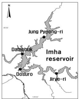 Fig.  1.  Map  showing  survey  sites  in  Imha  reservoir. 하기 위하여 중평리,  댐축,  도수로,  지례리 등 네 지점을 선택 하였다