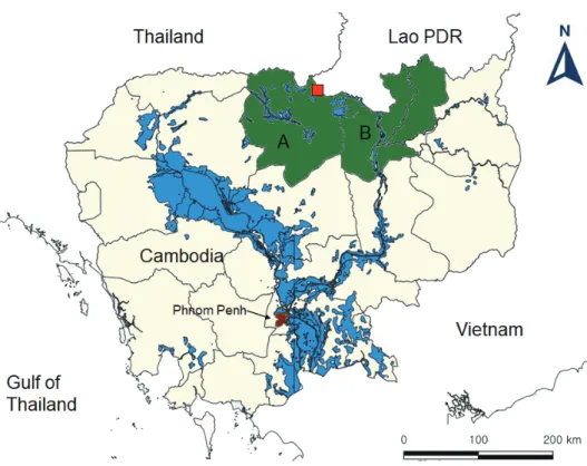 Fig. 1.  Map of the areas for fecal surveys in Cambodia (A, Preah Vihear Province; B, Stung Treng Province) and the village (red, quad-