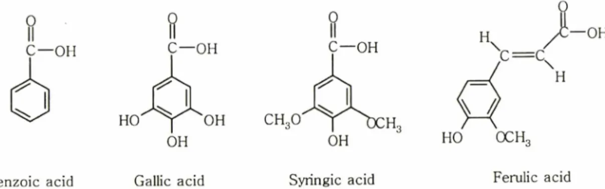 Fig.  1 - Molecular  structures  of benzoic  acid,  gallic  acid,  syringic  acid  and  ferulic  acid.