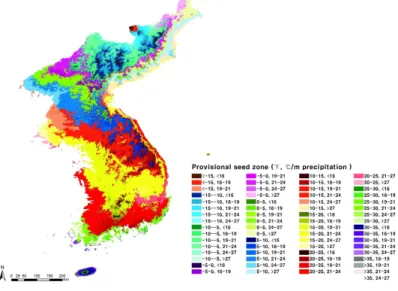 Figure 2. Domestic provisional seed zone 이동구역이 형성 되었다(Figure 2). <~15℉와 16~19℃/m precipitation에 해당하는 잠정종자이 동구역은 3.0km 2 로 가장 작은 면적을 차지하고 15~20℉와 19~21℃/m precipitation에 해당하는 잠정종자이동구역의 면적이 29,423.0km 2 로 가 장 많은 면적을 차지하였으며 65개의 잠정종자 이동구역은 평균적으로 5,064.9km 