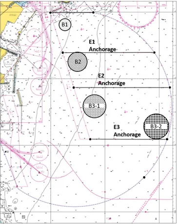 Fig.  1.  Ulsan  E  anchorage  status. 2)  점유  수역  규모  결정을  위한  기준 정박지 밀집도와 가동률 평가 시 정박지 점유 수역 면적 산출은 우리나라의 항만 및 어항 설계기준·해설(KDS  64  40  10,  2017)(MOF,  2017)에서 규정하고 있는 정박지 설계기준을  이용하였다