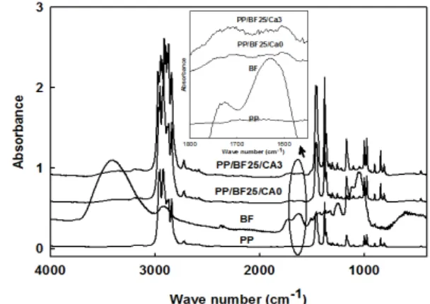 Figure 1. FT-IR spectra of PP/BF/CA composites.수 있는 방법이다[1-5].  자동차용 고분자 복합소재로써 현재 자동차용 내 외장 부품소재에 가장 활발히 적용되고 있는 플라스틱 중 하나인 폴리프로필렌(polypropylene, PP)의  경우,  경제성,  물성,  공정성,  환경 및  재활용성  등  응용  잠재력이  있기  때문에  많이  사용되고  있다