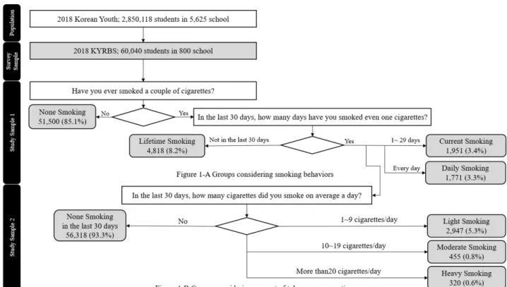 Figure 1. Flowchart of study samples.례배분하여 1차 추출단위인 학교, 학년별 1개 표본학급을 무작위 추출하여 2차 추출단위인 학급을 선정하여, 전원 학급생을 대상으로 조사하였다