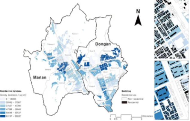 Fig. 3. Datasets used in this study: population  density(residents/sq.km) of residential areas (Left)  and 2.5D+ building dataset joined with the Building 