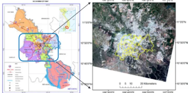 Fig. 1. Location of the study area:    inner Ho Chi Minh city (yellow polygon) overlaid on a Landsat 8 satellite  5 