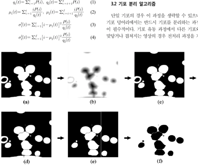 Fig. 5. Watershed algorithm, (a) dilation process, (b) distance transform, (c) watershed, (d) erosion process,  (e) remove boundary  bubbles and (f) invert image  process