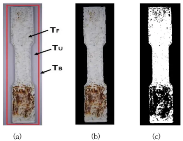 Fig.  4  Corrosion  image  analysis  by  using  Python  program  ;  (a)  Evaluation  condition  (b)  Corrosion  specimen  after  SST,  (c)  Image  segmentation  after  grabcut,  and  (d)  Detection  of  corrosion  on  sample  using  automated  image  proce