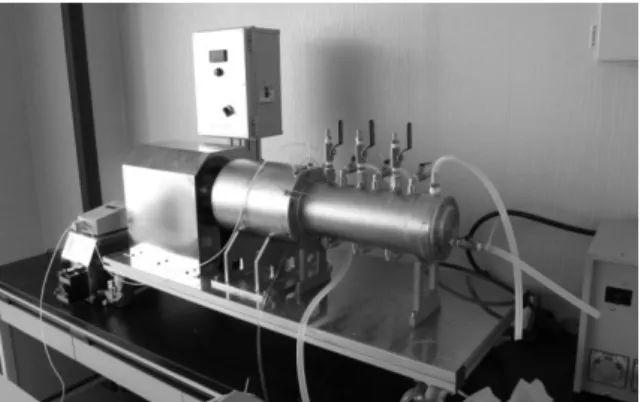 Figure 1. Lab-scale Taylor reactor. 테일러  반응기는  반응물질이  주입됨과  동시에  반응기가  작동하여  입구에서부터  혼합된  생성물이  출구에  도달하기까지  연속적으로  반 응이  진행되며,  주입과  배출이  동시에  이루어지기  때문에  정체 영역 이  생기지  않는  연속식  반응기이다 