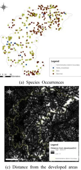 Figure  3.  Species  Occurrence  Points  (a)  and  Environmental  Variables  ((b)-(f))  used  in  mapping  the  habitat  suitability.