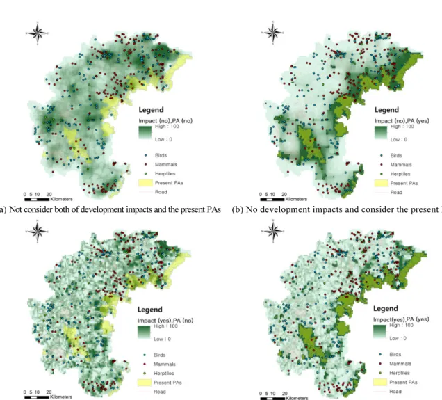 Figure  6.  Conservation  priorities  considering  the  development  impacts  and  the  present  protected  areas 
