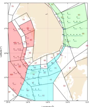 Fig. 3. Site map of the polygons in the Atlantis model (red number)  with observed points (black dots).