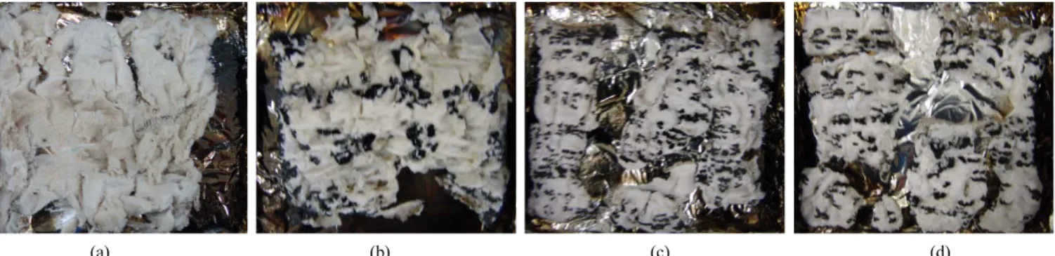 Figure 4. Residues after combustion of Pinus rigida specimens painted with 15 wt% bis-(dialkylaminoalkyl) phosphinic acid derivative solutions  at 25 kW/m 2  external heat flux