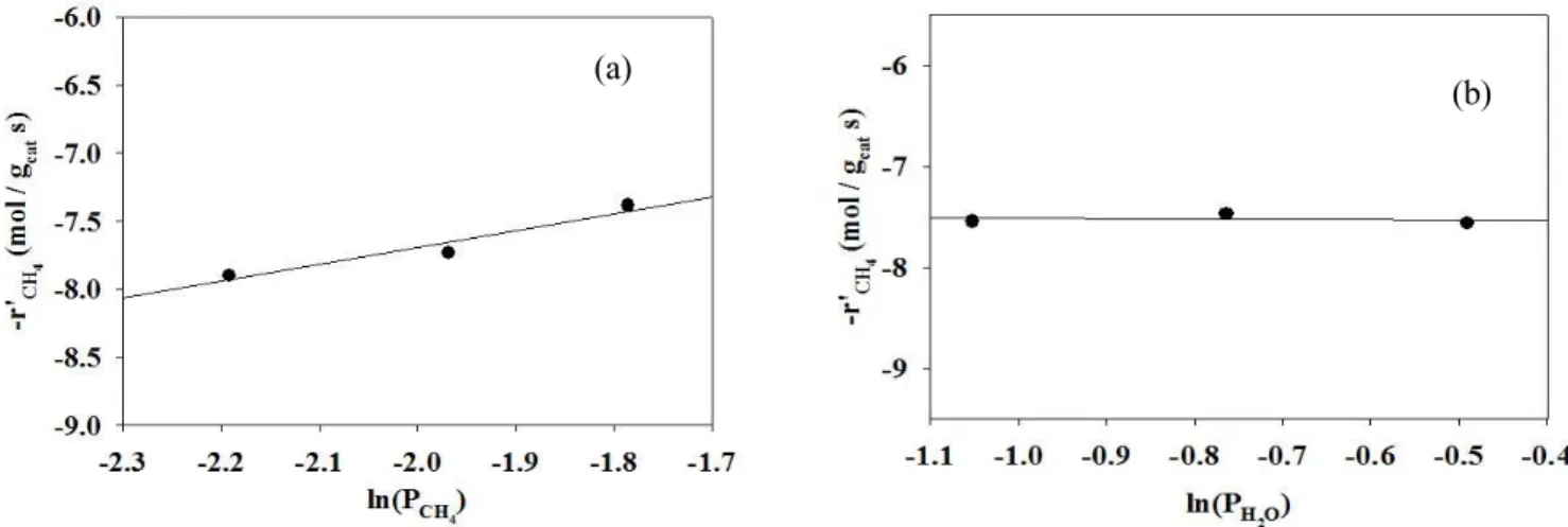 Figure 6. Plots for reaction order of reactants in steam reforming of natural gas ((a) reaction order of methane, (b) reaction order of steam).