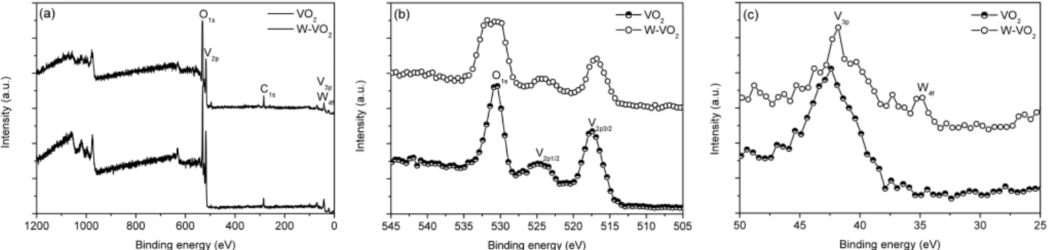 Figure 5. XPS spectra of pure VO 2  particles and W-doped VO 2  particles.
