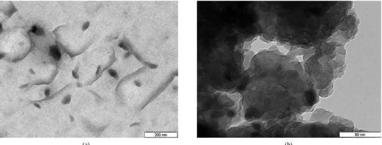 Figure 3. TEM photos of complexes composed of  β-CD polymer/ cinnamic acid before UV irradiation (a), and after UV irradiation for 30 min  ( λ  = 365 nm, 400 W) (b).