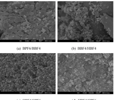 Figure 1. SEM images of TiO 2  particles prepared using various binary  ionic liquids after calcination at 500  ℃.