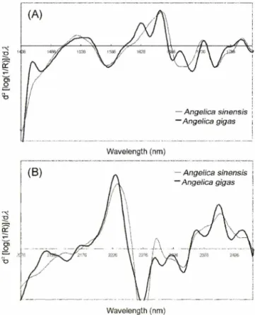 Fig. 3 - Specific range between Angelica gigas and A. sinensis on the  second derivative NIR spectrum,  in the range of 1438 to  1824 nm(A), and 2076 to 2456 nm(B)