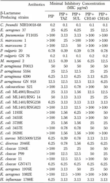Table  II - Antimicrobial activity of  piperacillin alone and  in combination  with  CH-140 or  CH-145