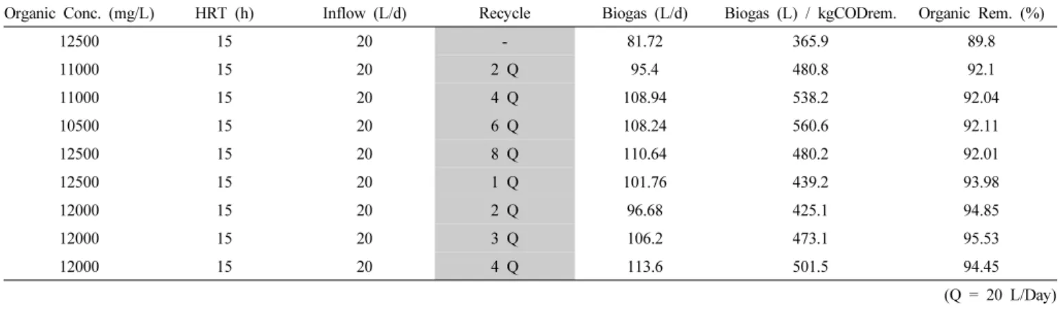 Table 4. Variation of Biogas Productivity by Internal Return and Recirculation 