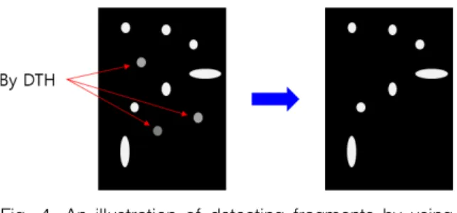 Fig.  5.  An  illustration  of  segmentation  of  fragments  by  using  CCL  ∙는  연결  성분  라벨링  함수이며,       는  번 째  탄두  파편을  나타낸다 