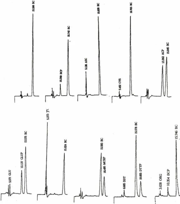 Fig.  1 - Chromatogram of 궁 -butyulcatechol(BC) and either ascorbic acid (ASC), cysteine (CYS), n-acetyl-l-cysteine (AC),  thiourea (TU), glutation (Glu), 2-mercapto-ethanol (MCE), dithiotheithol (DTT) or organic acid (ORG) and their  products  (-P)  on  P