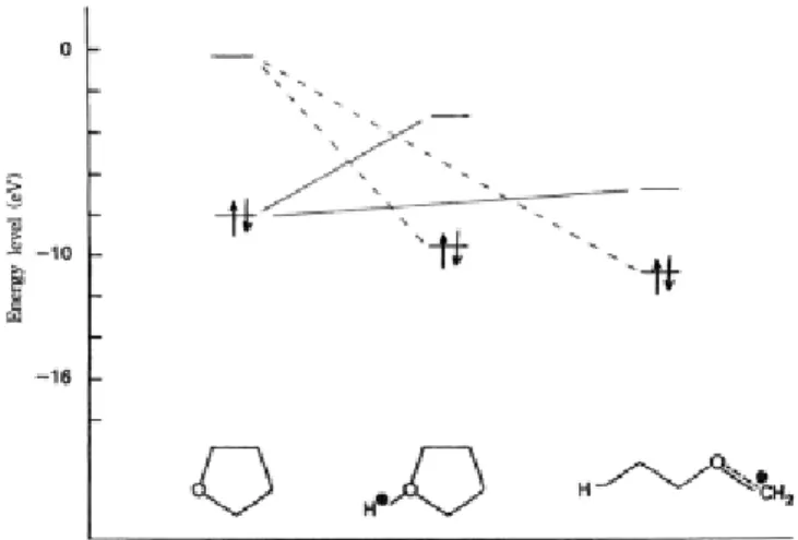 Figure 1. Frontier orbital interaction between HOMO and LUMO of  monomer, oxonium ion, and carbenium ion of MHO by AM1 method