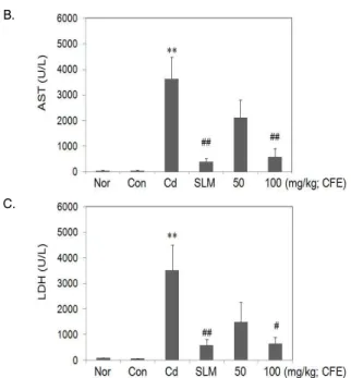 Fig. 4. Effect of CFE on hepatopathies in Cd-induced liver toxicity.