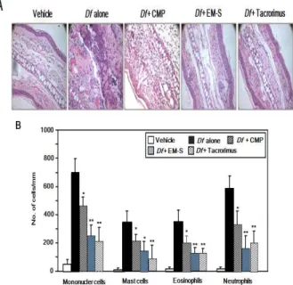 Fig. 2. Changes of the ear thickness by topical EM-S treatment. Df antigen application on the ears of NC/Nga mice for 4 weeks induced the AD-like skin lesions