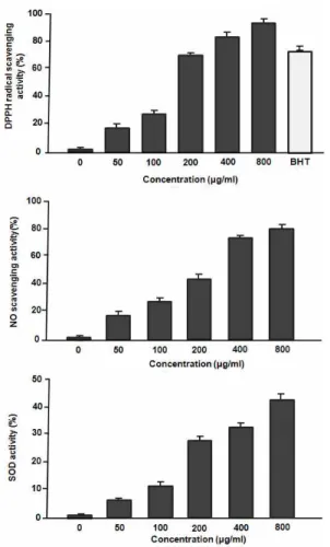 Fig. 1. Effects of Atoberry on SOD activity, DPPH and NO scavenging activity. Values are shown as mean±S.D