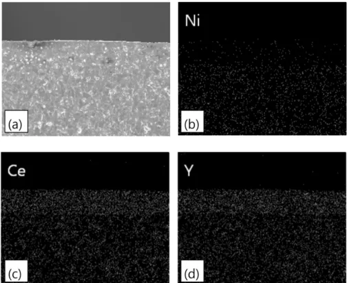 Figure 9. FE-SEM images of thin YDC membrane: SE image (a) and EDX dot mappings of Ni (b), Ce (c) and Y (d)