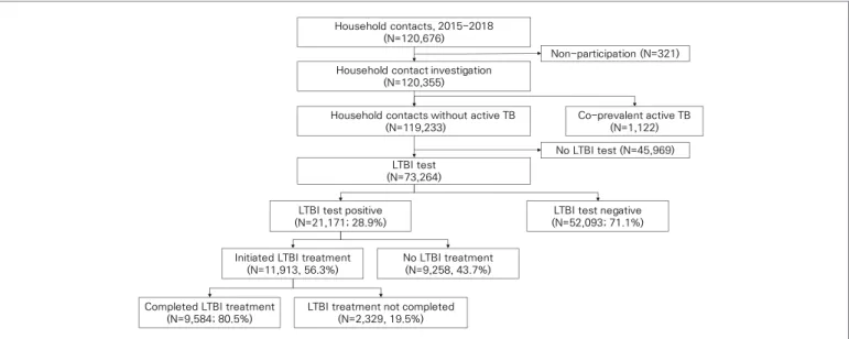 Figure 1. Flowchart of the study population according to contact investigations, Latent tuberculosis infection (LTBI) tests, and  LTBI treatment