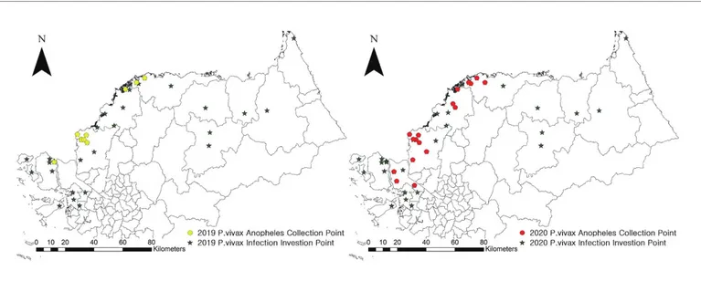 Figure 4. The collection cites of infected mosquitoes of Plasmodium vivax in 2019 and 2020