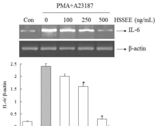 Fig. 5. Effect of Hoesaeng-san ethanol extract (HSSEE) on gene expression of TNF-α  in PMA plus A23187-induced HMC-1 cells.
