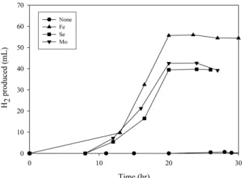 Figure 1. Effect of Fe, Se, and Mo on hydrogen production by E. coli MC4100.